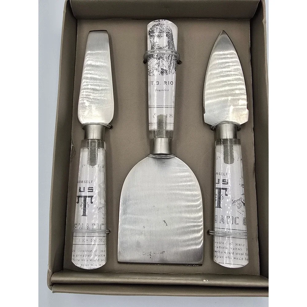 Vintage Style Cheese Knife Set 3pc Stainless Steel Acrylic Graphic Handles Boxed